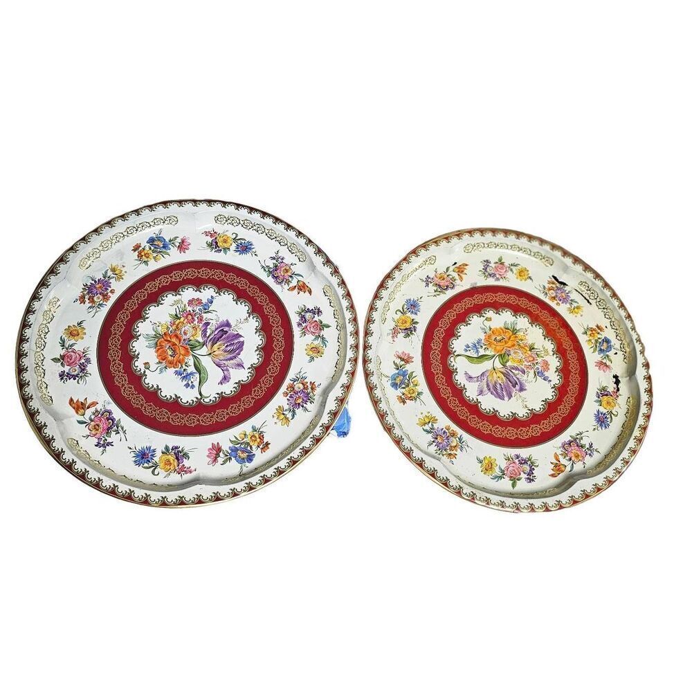 Daher Decorated Ware Tin Round Floral Trays Qty Two 2 Collector Rare Vintage